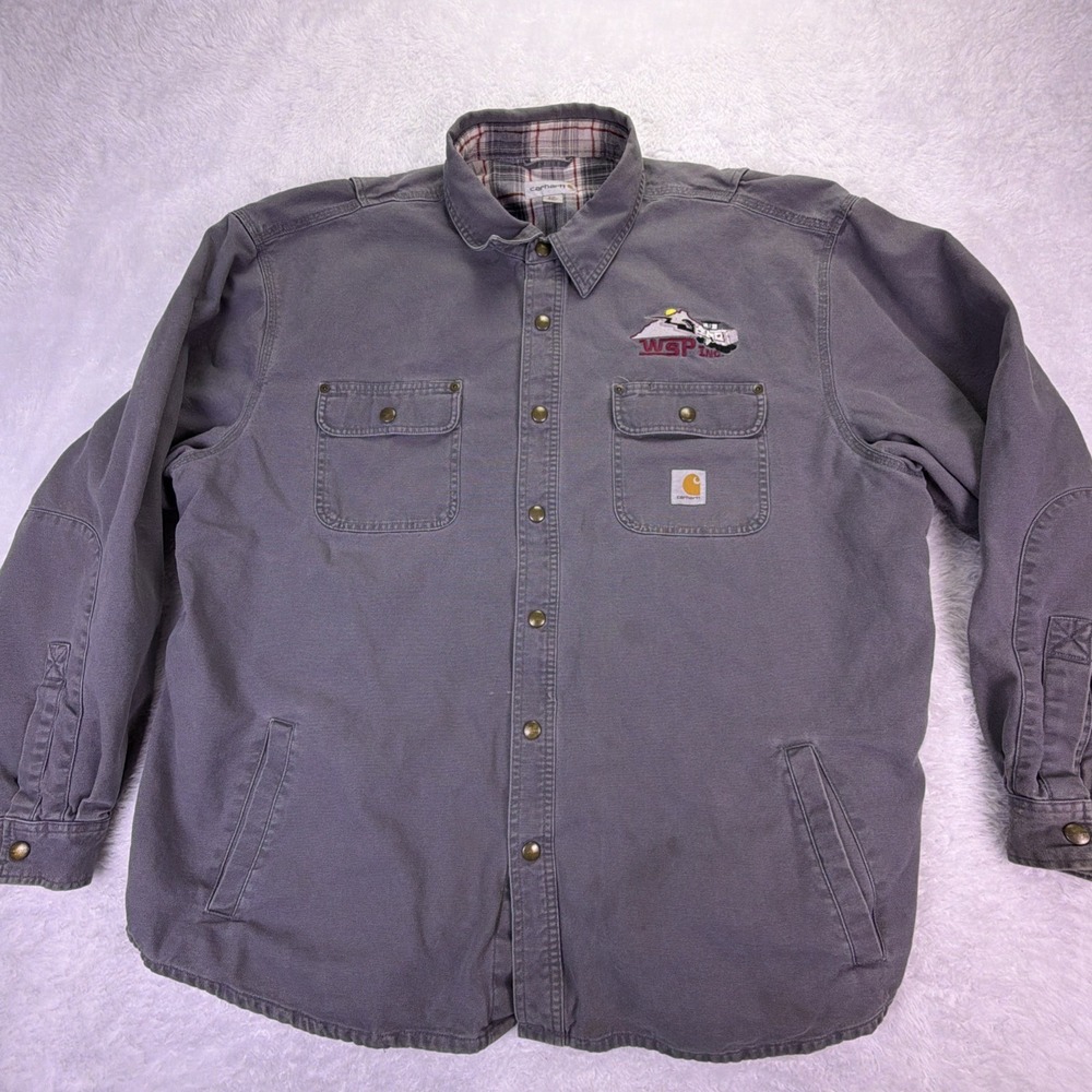 Carhartt Men's 2XL Gray Long Sleeve Snap Shacket Denim Lined Workwear‎ - Logo